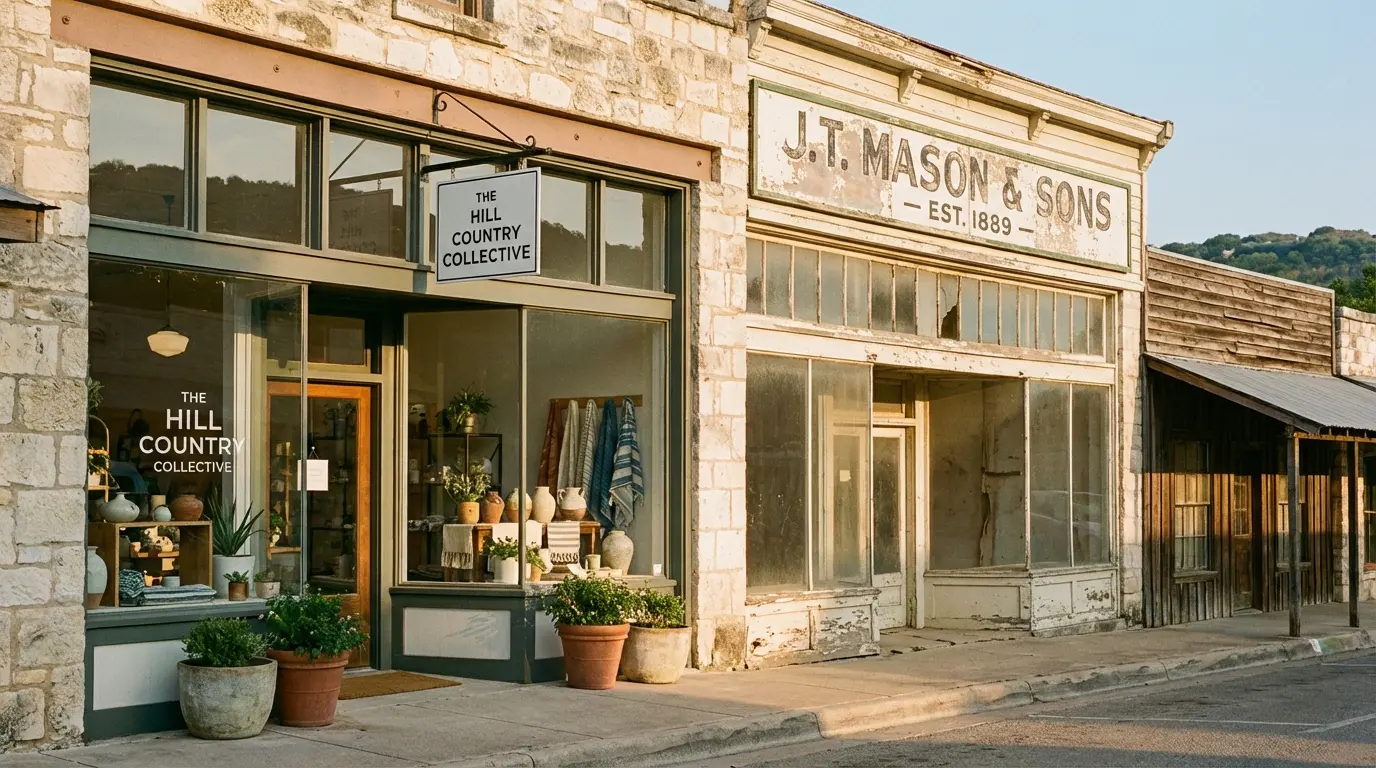 Charming Hill Country storefronts at golden hour